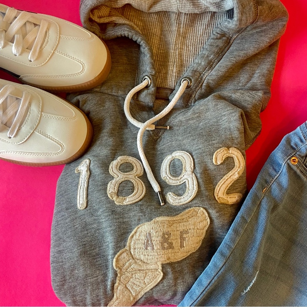 Abercrombie & Fitch Distressed Beige and Gray Hoodie